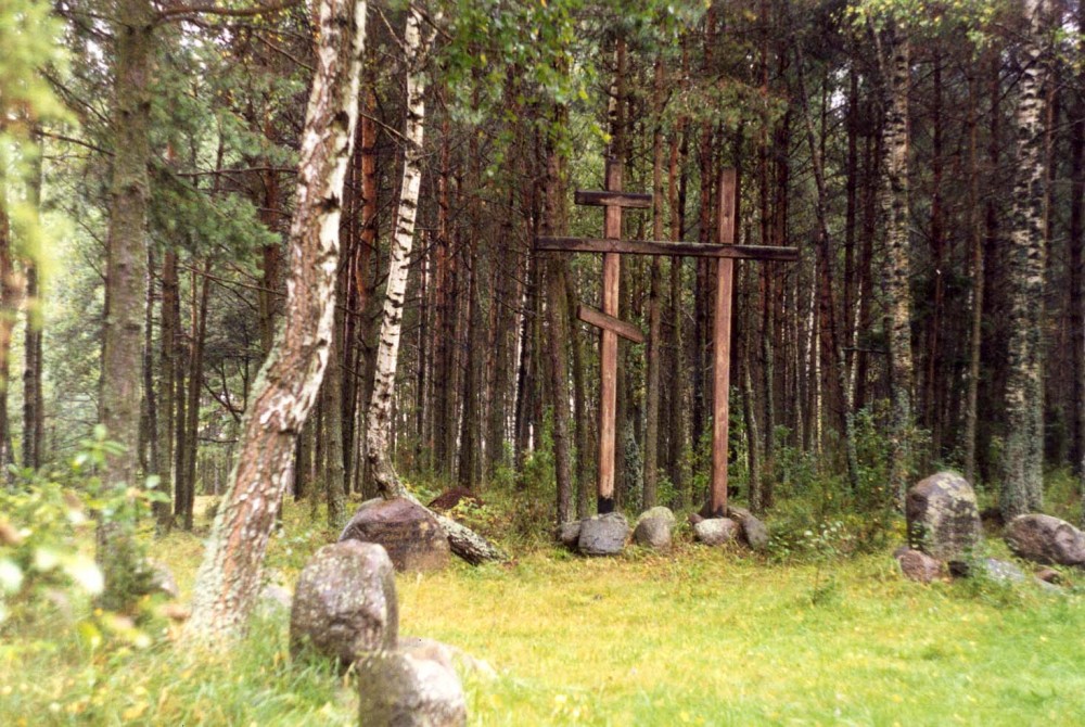 Номер фотографии 1 : Памятные знаки на месте расстрела репрессированных : в лесу : фотограф Н. Дейнега, В. Вергей